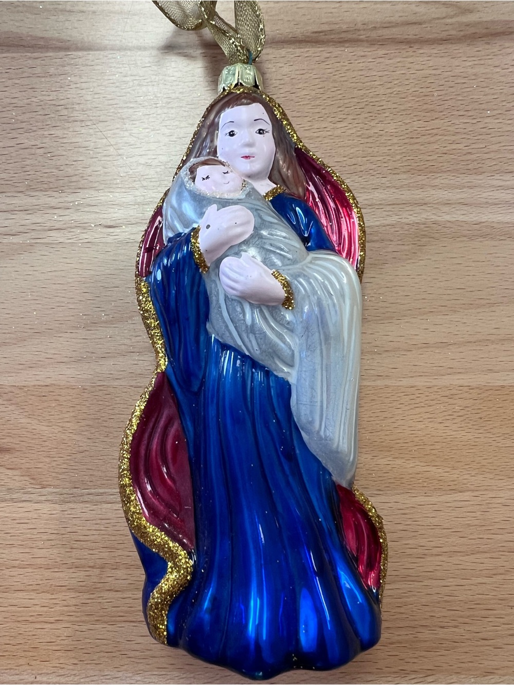 Blue and Red Madonna with Child Glass Ornament - Brand Unknown